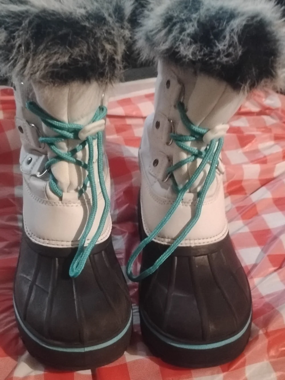 Kids Winter Snow Boots with Faux Fur Trim - White, Brown, Teal